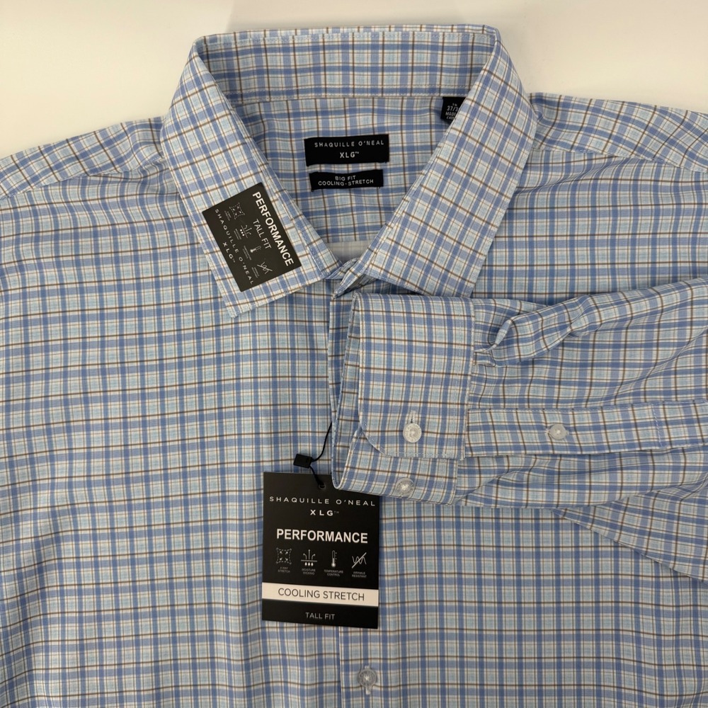 Shaquille Oneal Mens XL Big & Tall Performance Cooling Stretch Plaid Dress Shirt